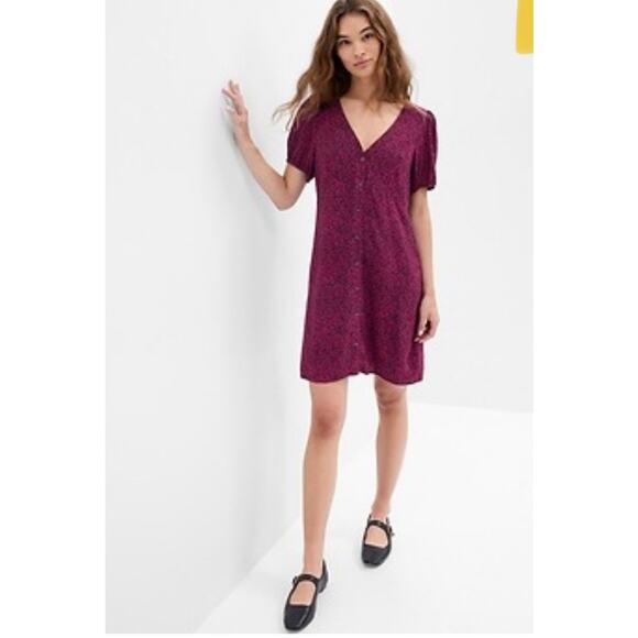 GAP Pink & Black Button Down Floral Puff Sleeve Mini Dress Size M - Picture 10 of 10